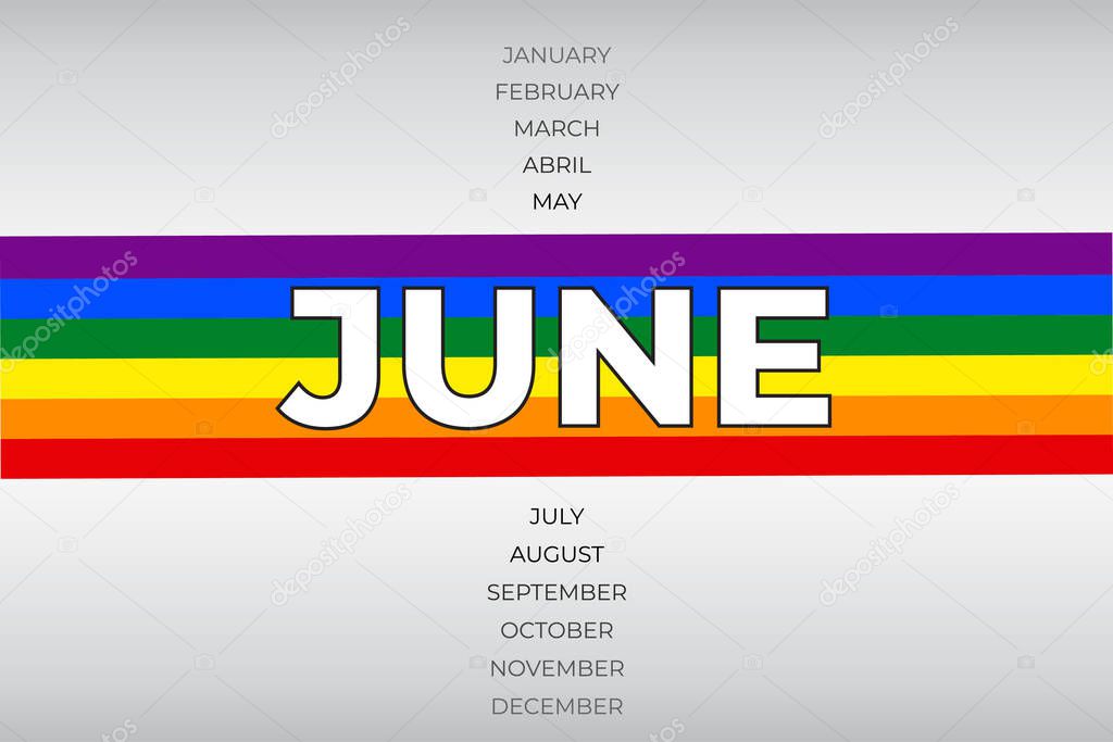 LGBT Pride Month in June. Lgbtq, lgbtq rainbow flag, lesbian, gay, bisexual, transgender, queer. Poster card banner and background