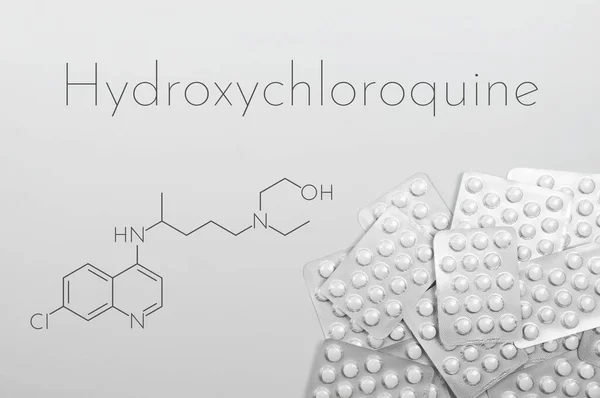 Coronavirüs Için Mümkün Olan Iyi Tedavi Hidrokloroksin Kabarcıklardaki Tabletleri Beyaz — Stok fotoğraf