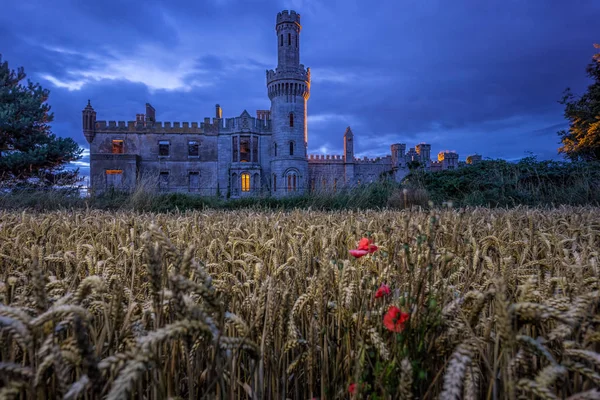 Старий зруйнований замок Дукетт Гроув з полем пшениці і штормовим небом у синю годину. — стокове фото