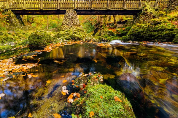 Kaskaden unter Holzbrücke am Gebirgsbach, mit bemoosten Felsen im tollymore Waldpark — Stockfoto