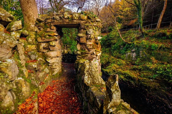 Кам'яні ворота старої стежки з річкою внизу і зеленими моховими скелями в лісі Толлімор Парк — стокове фото