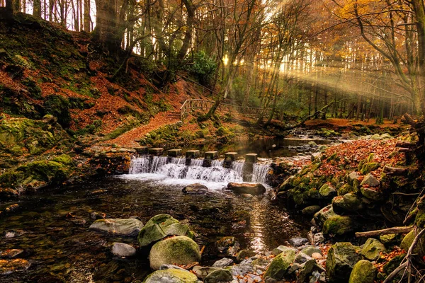 Cascade on river and footpath with sunbeams shining through branches in golden coloured autumn trees — Stock Photo, Image