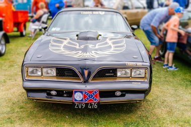 Bray, İrlanda, Haziran 2018 Bray Vintage Car Club şovu açık hava retro araba sergisi. 1979 'dan siyah Pontiac Firebird' ün ön görüntüsü