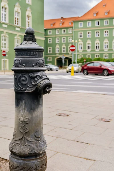 Hidrante Preto Tradicional Com Cabeça Grifo Emblema Cidade Stettin Gryphon — Fotografia de Stock