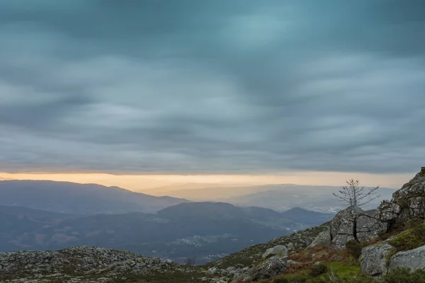 Gipfel des Berges mit Felsen und Bäumen an einem bewölkten Tag — Stockfoto