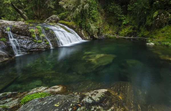 Водоспад в гірській річці з зеленою рослинністю — стокове фото