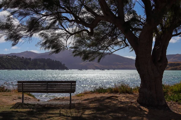 Lac tranquille vu de derrière un banc — Photo