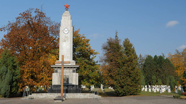 ELBLAG, POLAND - AUGUST 2019: Elblag city, Poland. Soviet soldiers cemetery. Autumn