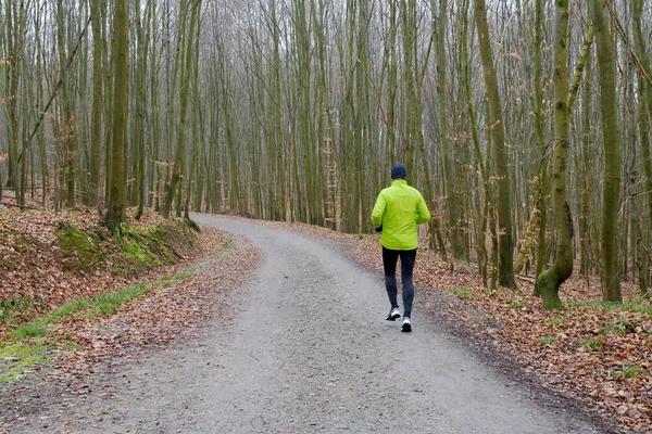 Man is jogging at the forest path — Stock Photo, Image