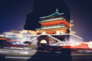 Chinese traditional architecture and girl silhouette
