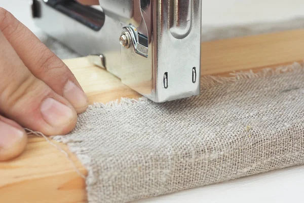 Men Hands Wrapped Rough Board Construction Stapler — Stock Photo, Image