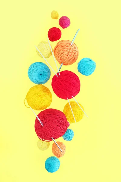 Multi Colored Balls Wool Yarn Different Sizes Levitating Yellow Background — Stock Photo, Image