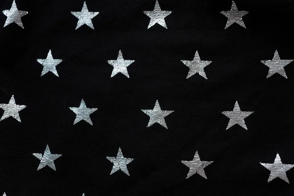 Pozadí Textura Černá Síťovina Tkaniny Stříbrnými Hvězdami — Stock fotografie