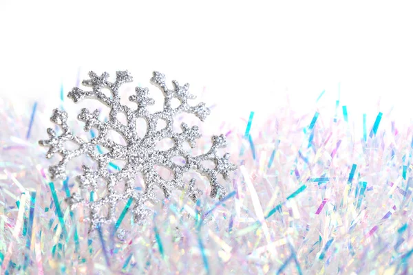 Silver Shiny Snowflake Blue White Tinsel White Background — Stock Photo, Image