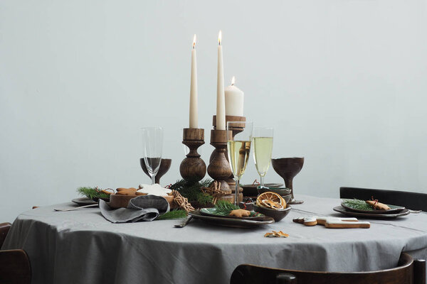 Round served table with festive vintage table setting