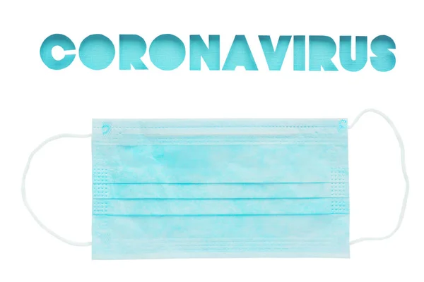Inschrift Coronavirus Geschnitten Aus Weißem Papier Auf Blauem Texturpapier Und — Stockfoto