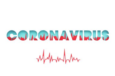 Beyaz kağıttan kesilmiş Coronavirus kelimesi, gölgeli mavi bir arka planda. Kırmızı kalp atışı olan mavi harfler. Beyaz arka planda kalp atışı.