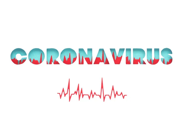 Palavra Coronavírus Cortada Papel Branco Contorno Fundo Azul Com Sombra — Fotografia de Stock