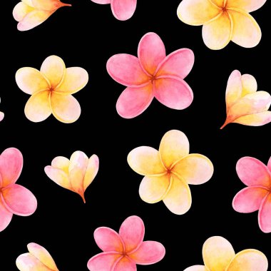Plumeria çiçekleriyle parlak, pürüzsüz suluboya deseni. Egzotik yaz dekorasyonu için tropik tasarım iç mimari, baskı posterleri, tebrik kartları, pankartlar, ambalajlar.