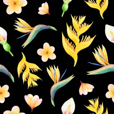 Tropikal bitkilerin suluboya çiçekleriyle kusursuz desen. Kumaş, hediye paketi, dijital kağıt, duvar kağıdı için siyah arkaplan üzerinde parlak modaya uygun egzotik doğa.