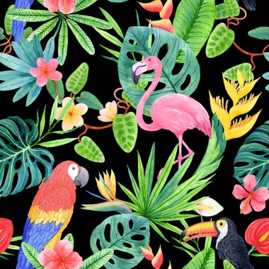 Yağmur ormanlarının yemyeşil ve çiçek açan doğası arasında egzotik kuşlar. Suluboya kusursuz desen. Dekorasyon için siyah arkaplan üzerinde tropik tasarım, baskı posterleri, tebrik kartları, paketleme.