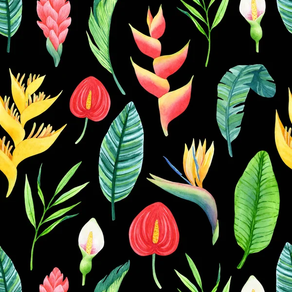 Aquarell Nahtloses Muster Aus Handgezeichneten Blättern Und Blüten Aus Feuchtem — Stockfoto