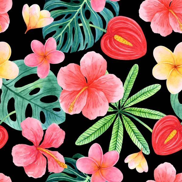 Watercolor seamless pattern with hand-drawn leaves and flowers inspired by lush tropical greenery. Bright trendy tropical nature on black background great for fabric, wrapping and other designs.