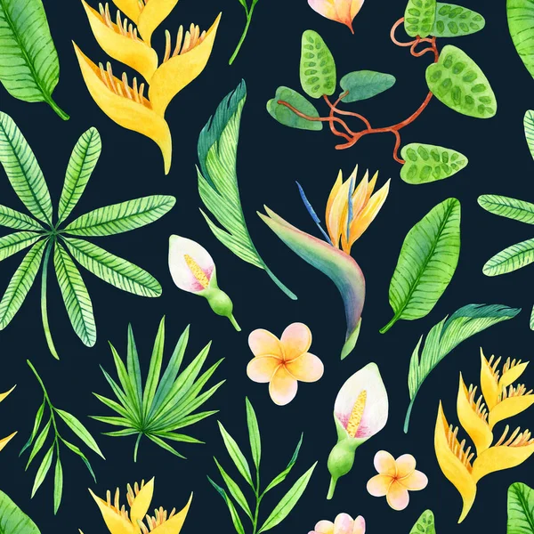 Islak Yağmur Ormanlarından Elde Çizilmiş Yaprakların Çiçeklerin Suluboya Desenleri Kumaş — Stok fotoğraf