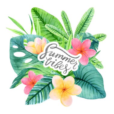 Tropikal yeşilliğin suluboya kompozisyonu ve elle çizilmiş 