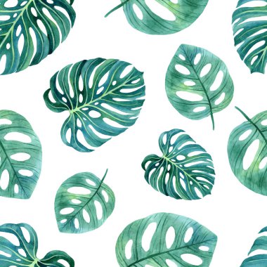 Yeşilli yeşil tropikal canavar yaprakları. Elle çizilmiş sonsuz suluboya deseni. Kumaş, tekstil, ambalaj kağıdı, kart, davetiye, duvar kağıdı için egzotik arkaplan. 