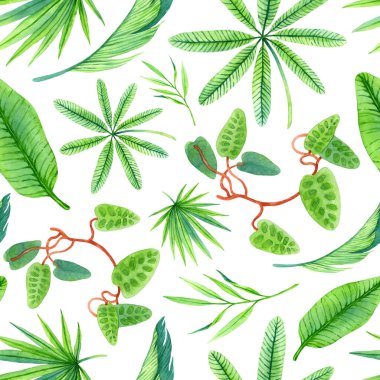 Nemli yağmur ormanlarından tropikal bitkilerin verimli yeşilliği. Yazılı materyal, dijital kağıt, tişört, tekstil ve diğer tasarımlar için parlak sonsuz desen kullanılabilir.