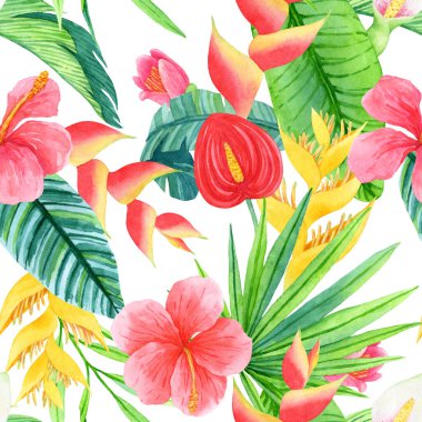 Bereketli yeşillikler ve nemli yağmur ormanlarından gelen tropikal bitkilerin çiçekleri. Yazılı materyaller, dijital kağıt, tişört, tekstil ve diğer tasarım ürünleri için parlak modaya uygun sonsuz doku kullanılabilir.