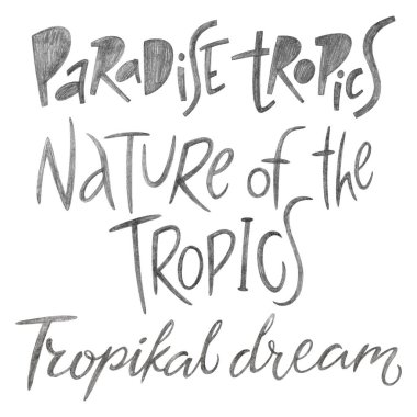 Tropiklerle ilgili el yazısı cümleleri. Kalem grafikli harfler. Resimler beyaz arkaplanda izole edildi.