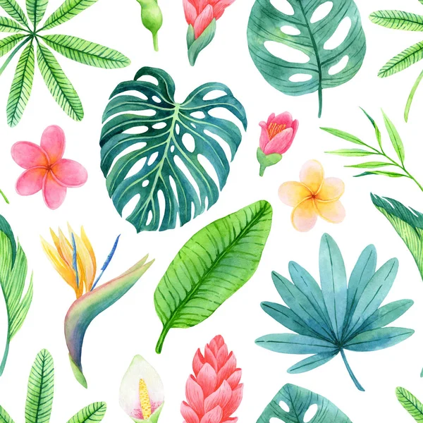 Suluboya Yemyeşil Tropikal Bitkilerin Çiçekleriyle Kusursuz Bir Desen Kumaş Hediye — Stok fotoğraf