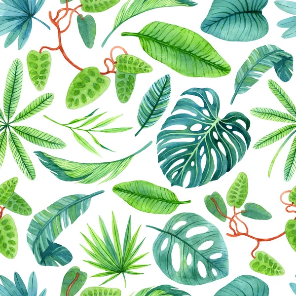 Nemli yağmur ormanlarından tropikal bitkilerin verimli yeşilliği. Yazılı materyal, dijital kağıt, tişört, tekstil ve diğer tasarımlar için parlak sonsuz desen kullanılabilir.