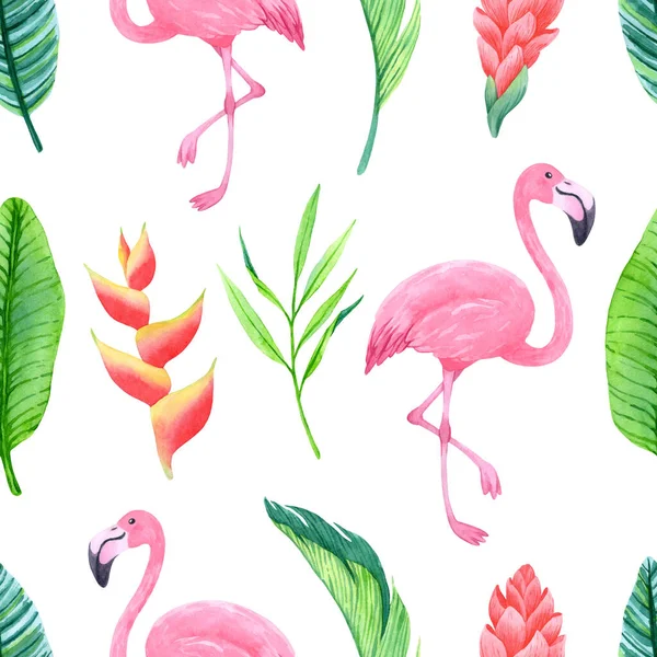 Summer seamless pattern with hand-drawn flamingo and blossom tropical plants. Bright exotic background for fabric, textile, wrapping paper, cards, invitation, wallpaper.