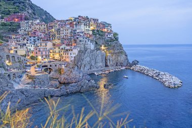 Manarola 'nın Alacakaranlık, Cinque Terre, İtalya manzarası