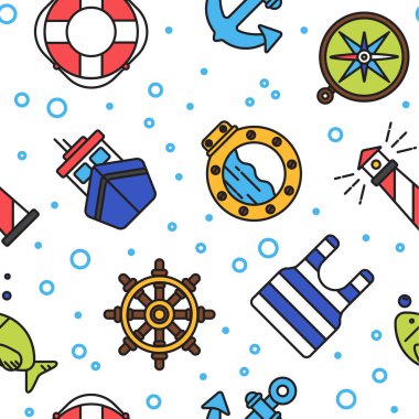 Deniz ve deniz seamless modeli siyah anahat stili gezisi