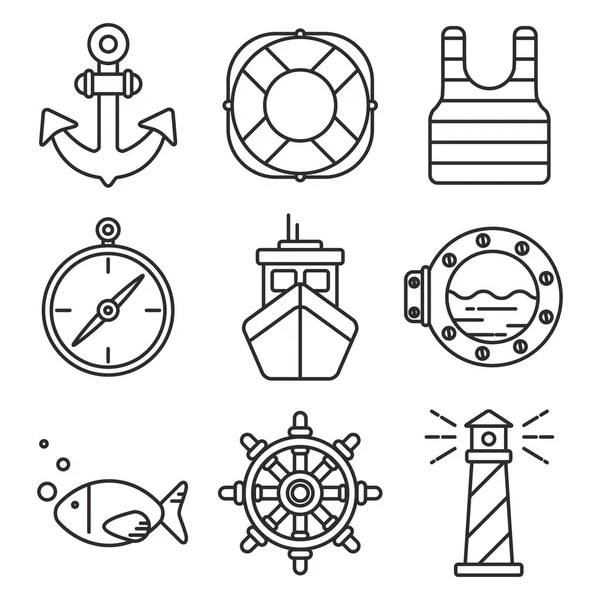 Nautische oder Seefahrt schwarze Umrisse Symbole isoliert — Stockvektor
