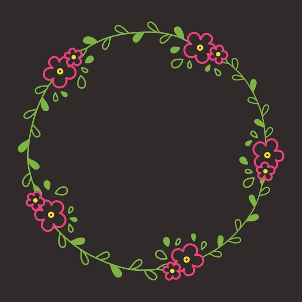 Floral colorful line wreath or circle frame with pink blooms — Stock Vector