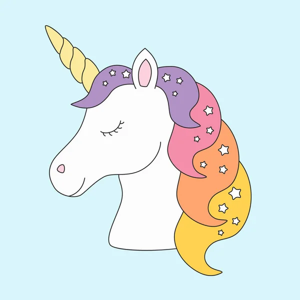 Unicorn cabeça dormindo bonito em cores pastel com estrelas no vetor de fundo azul —  Vetores de Stock