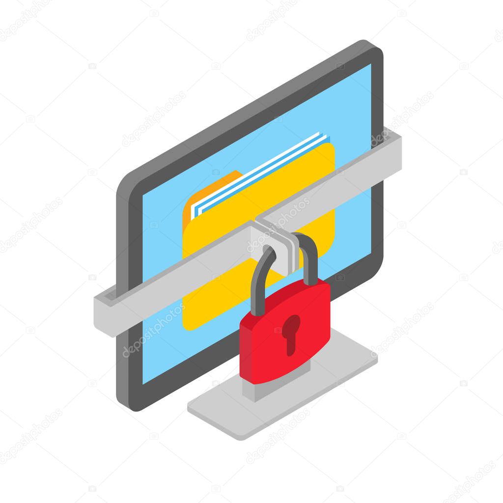 Ransomware isometric illustration, hacked computer data isolated concept