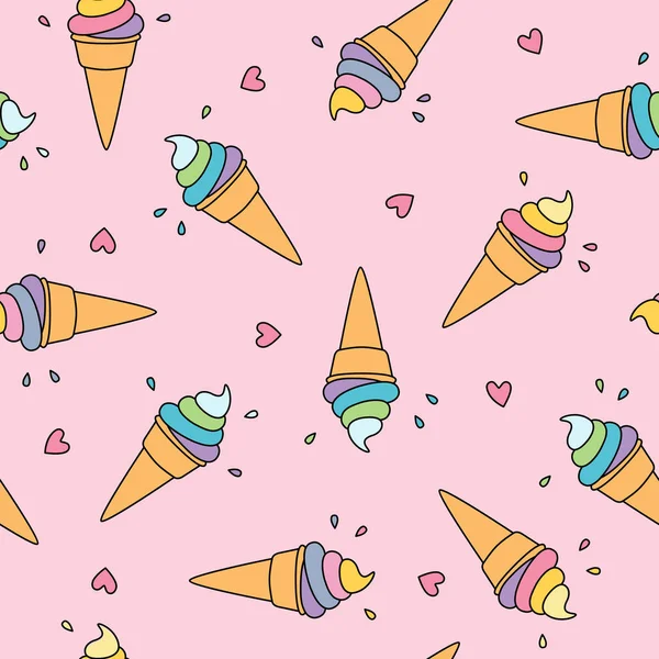 Pastel ice cream seamless pattern with cute hearts on pink background — Stock Vector