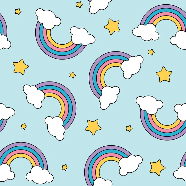 Pastelowe rainbow i gwiazdy wzór na niebieskim tle z czarną obwódką — Wektor stockowy