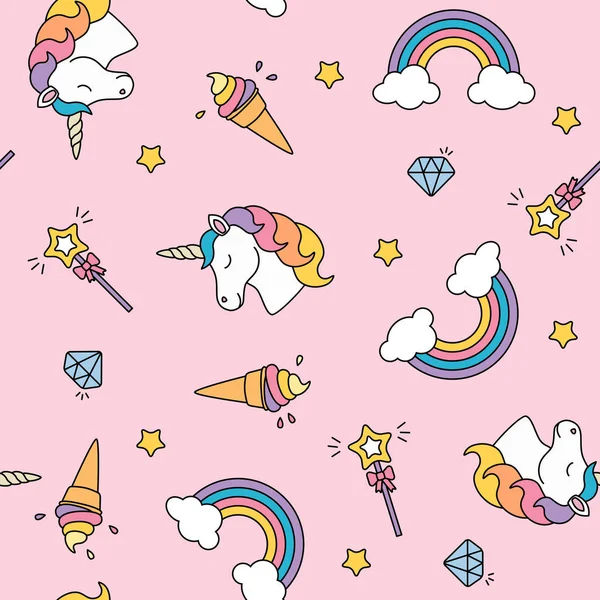 Unicorn, regenboog en magic wand pastel kleuren naadloze patroon — Stockvector