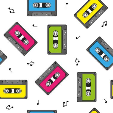 Notları ile renkli retro kaset seamless modeli
