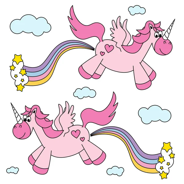 Söt rolig rosa enhörningar farting rainbow och flyger — Stock vektor