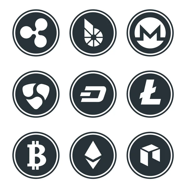 Cryptocurrency or virtual currencies icon set isolated — Stock Vector