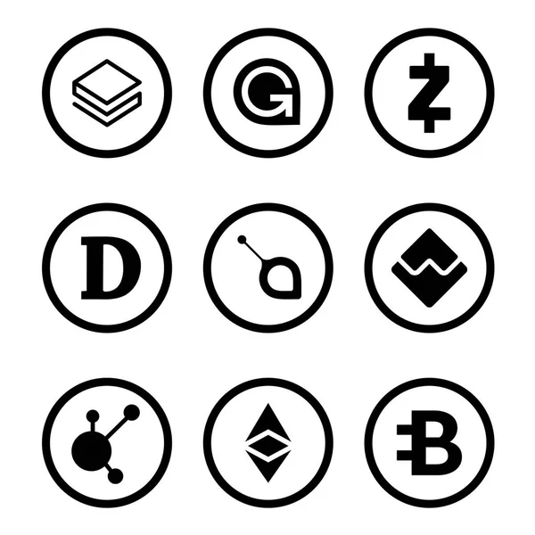 Cryptocurrency or virtual currencies black icon set isolated — Stock Vector