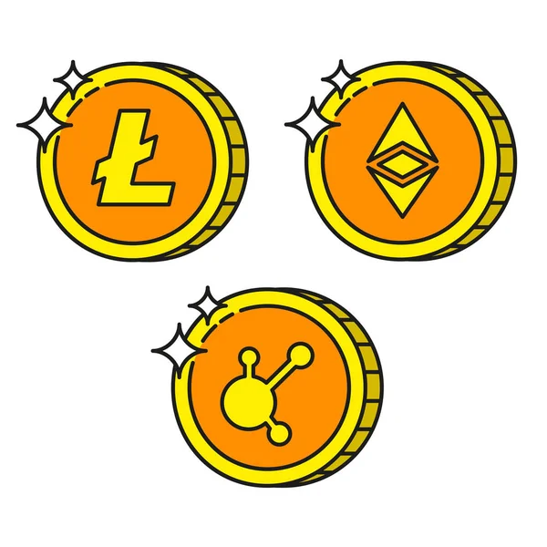 Cryptocurrency black outline gold icons bitconnect, ethereum, litecoin — Stock Vector